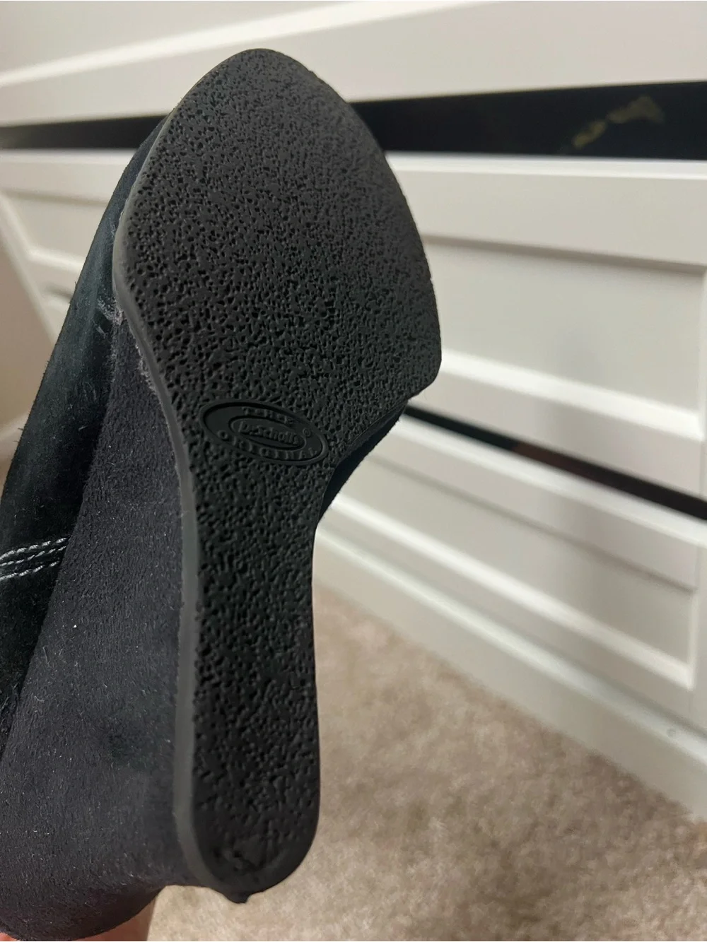 Genuine Stylish black suede knee boots with a comfortable wedge heel.